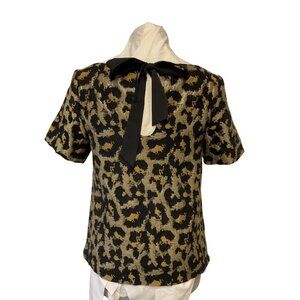 Anthropologie  Hutch Leopard Print Metallic Short-Sleeve Top With Black Bow Deta